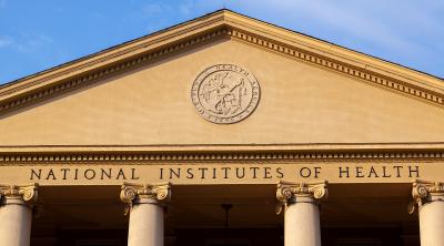 Exterior view of the main historic building (Building 1) of National Institutes of Health (NIH) at its Bethesda campus. 